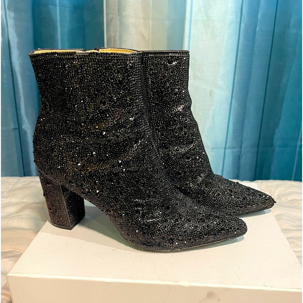 BETSEY JOHNSON SIZE 8.5 Black Rhinestone Cady Boots